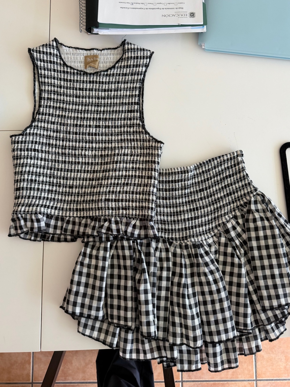 Smocked Black & White Gingham Crop Top & Skort Women’s Sleeveless